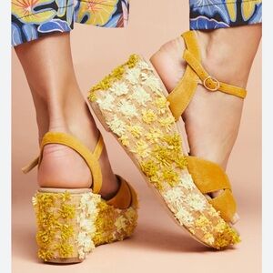 Anthropologie Yellow Suede Floral Embroidered Wedge Sandals